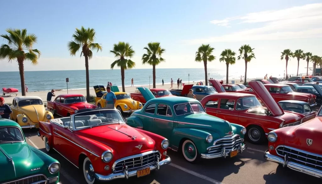 Generate an image of a classic car show on the Gulf Coast
