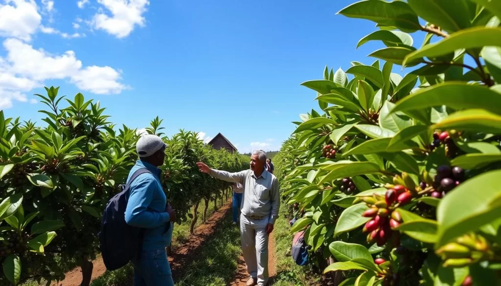 Generate an image of a coffee plantation in Nyeri with lush green coffee plants and a guide.
