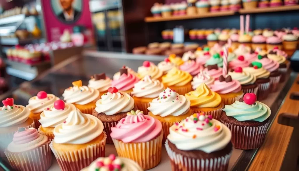 Generate an image of a colorful cupcake display at Crazy About Cupcakes in Mitchell, SD.