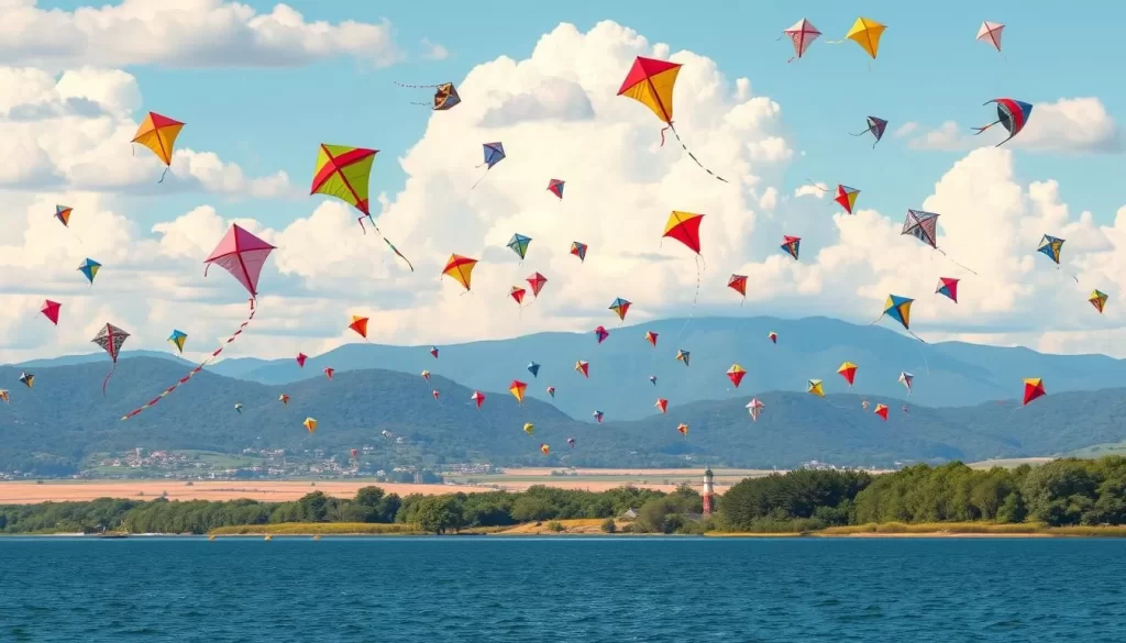 Generate an image of a colorful kite festival over a lake shoreline.