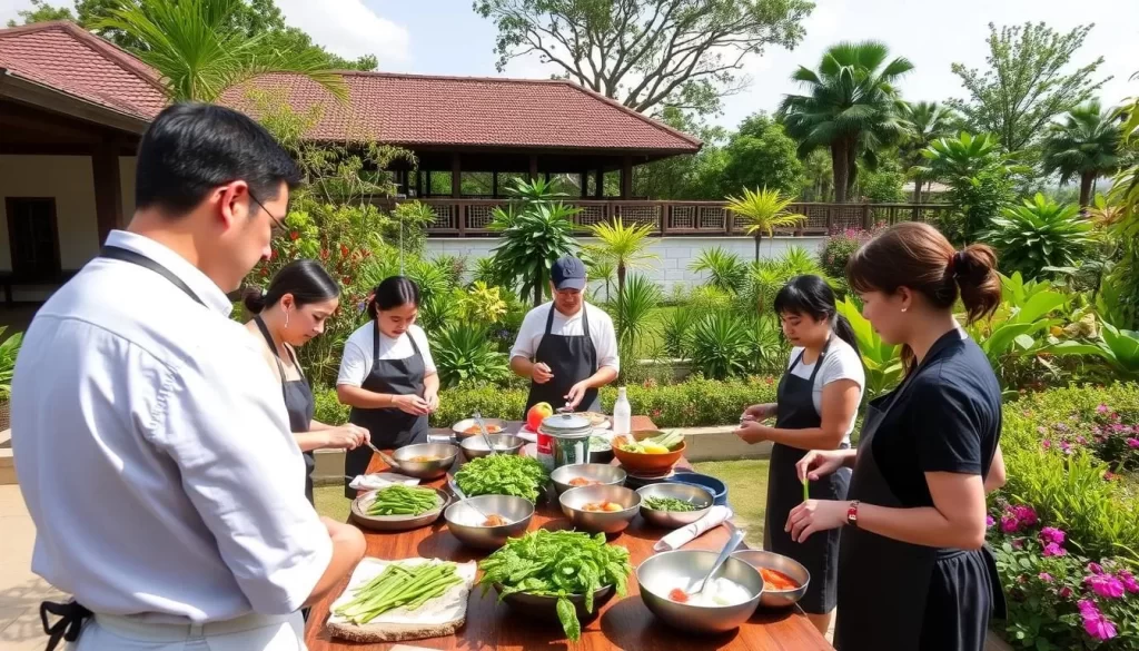 Generate an image of a cooking class in a beautiful garden setting at the Evason Hua Hin Resort.