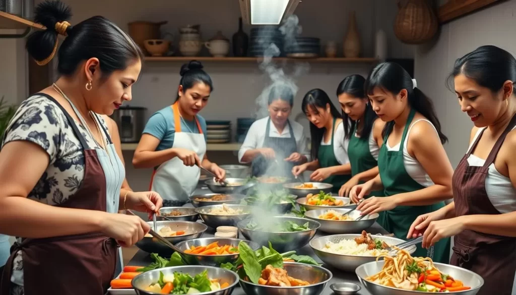 Generate an image of a cooking class in progress, with participants preparing Thai dishes.