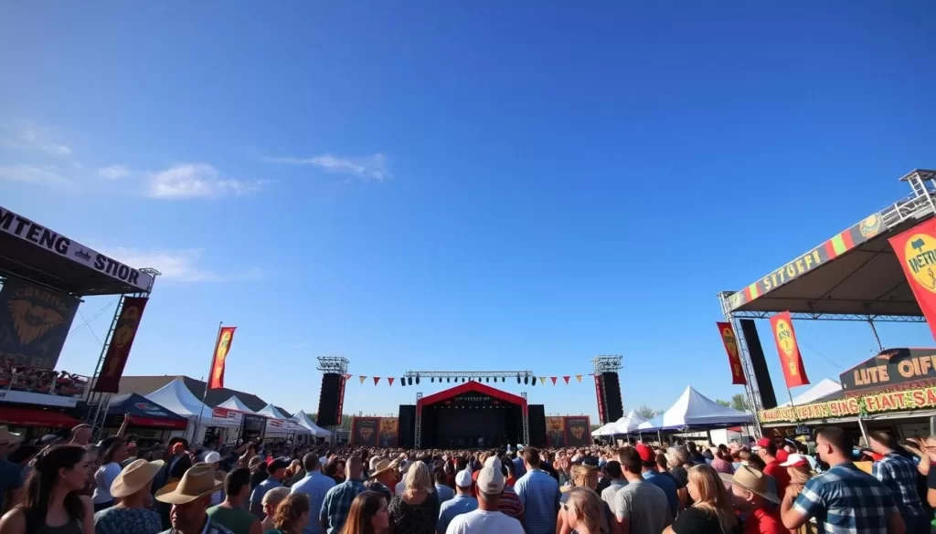 Generate an image of a country music festival with a large crowd and stage.