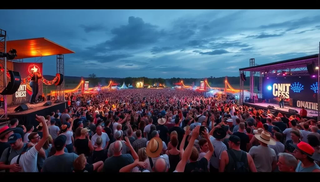 Generate an image of a country music festival with a large crowd, stages with country music performances, and a lively atmosphere.
