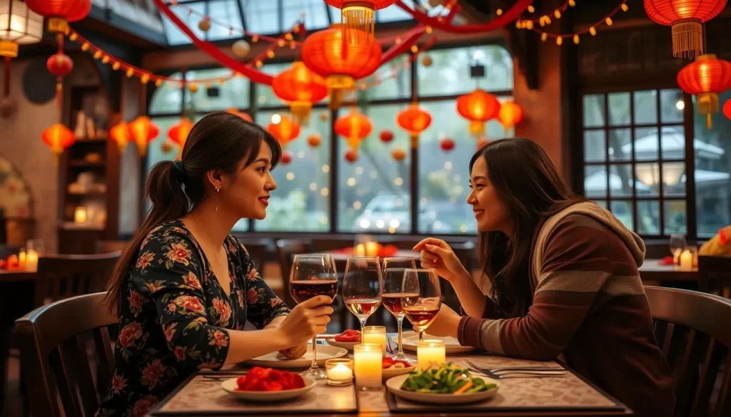 Generate an image of a couple enjoying a romantic dinner at a Queqiao Festival-themed restaurant in Yilan.
