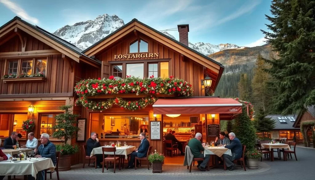 Generate an image of a cozy mountain restaurant in St Anton am Arlberg