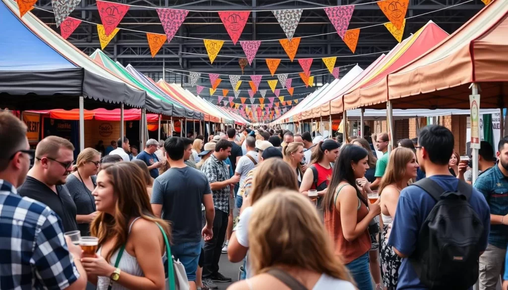 Generate an image of a craft beer festival with attendees sampling beer and enjoying live music.