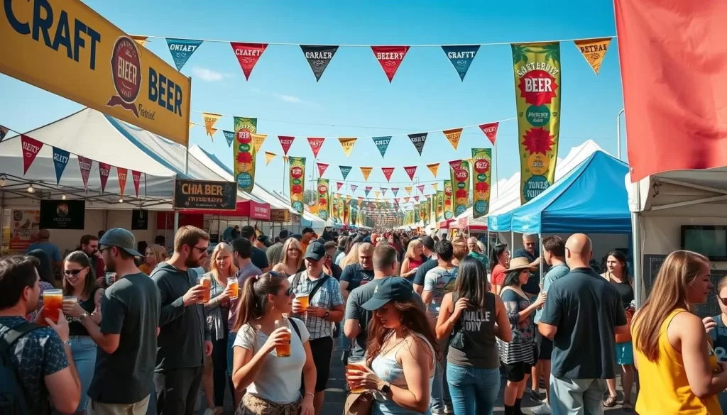 Generate an image of a craft beer festival with attendees sampling beers and enjoying the event.