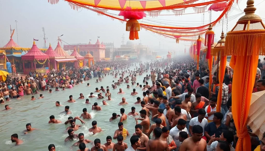 Generate an image of a crowded Kumbh Mela scene with devotees bathing in the sacred rivers.