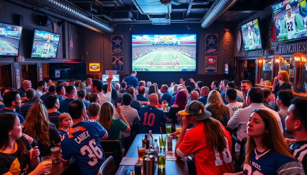 Generate an image of a crowded sports bar with people watching the Super Bowl on a large screen.