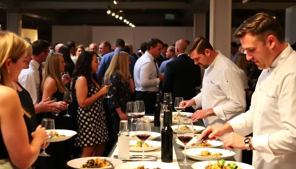 Generate an image of a culinary scene at the Charleston Wine + Food Festival, with chefs preparing dishes and guests enjoying wine and food.