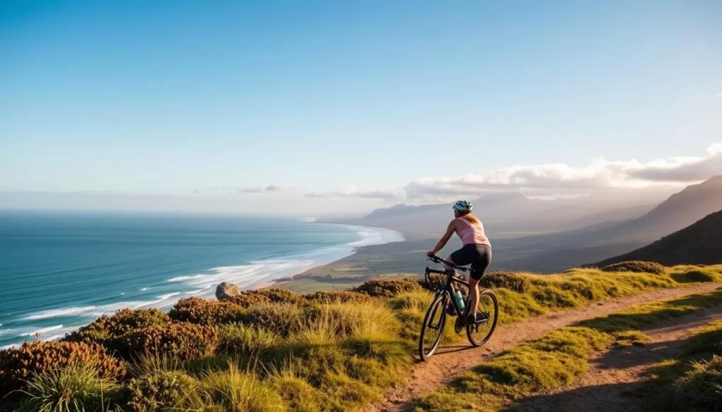 Generate an image of a cyclist riding on the Atlantic Trail in West Coast National Park