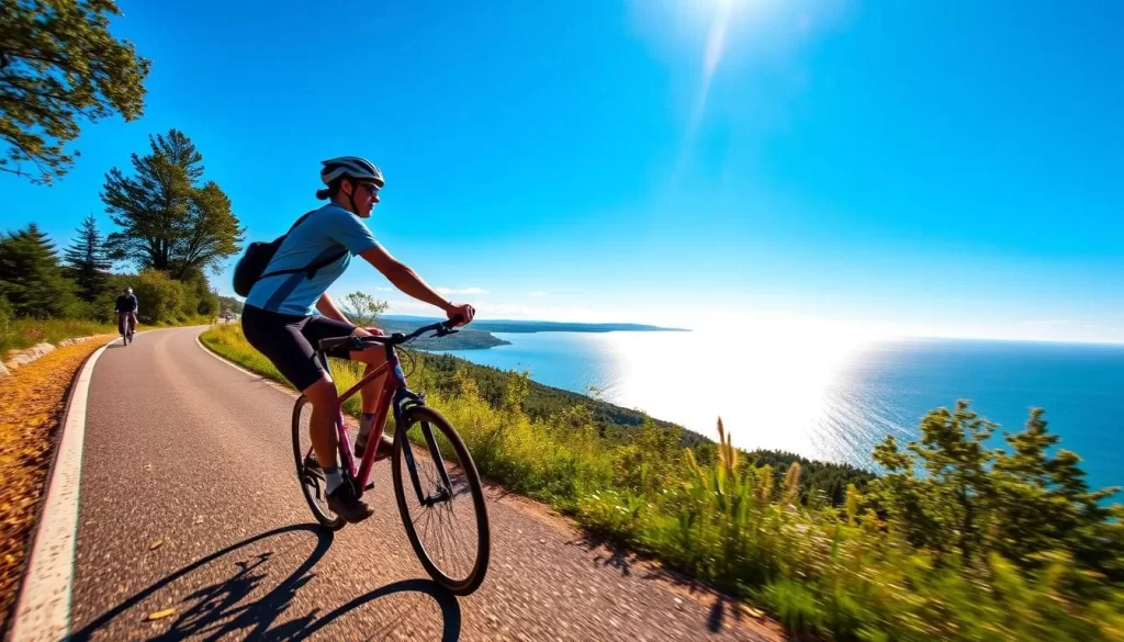 Generate an image of a cyclist riding on the Little Traverse Wheelway with beautiful lake views.