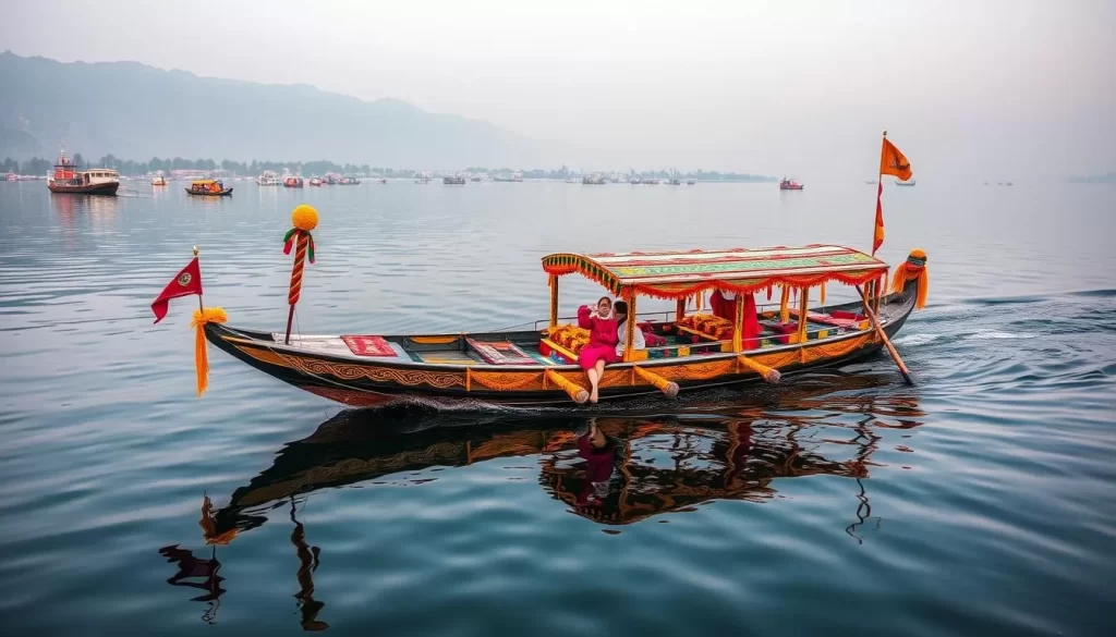 Generate an image of a decorated shikara on Dal Lake during the Shikara Festival.