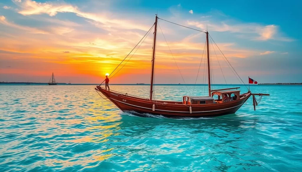 Generate an image of a dhow sailing in the clear waters of the Lamu Archipelago