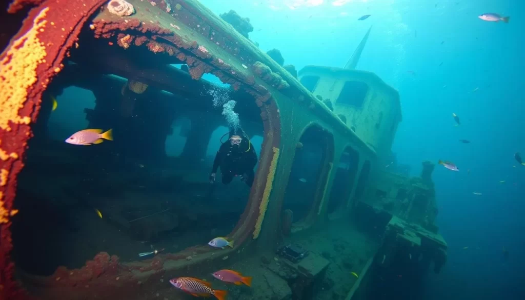 Generate an image of a diver exploring a shipwreck in Thunder Bay National Marine Sanctuary.