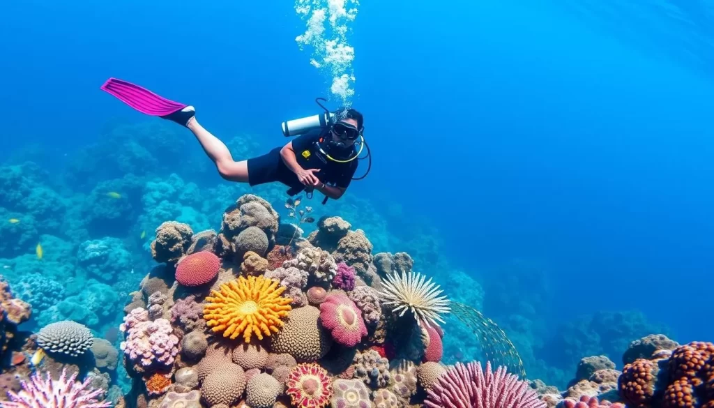 Generate an image of a diver exploring the coral reefs of Timor-Leste