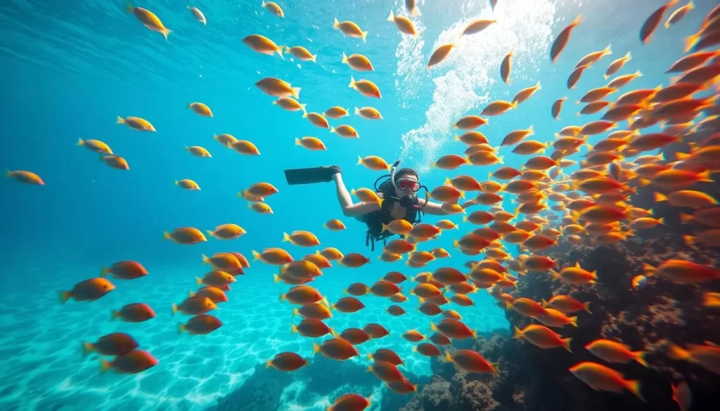 Generate an image of a diver surrounded by a school of fish at Sipadan Island.