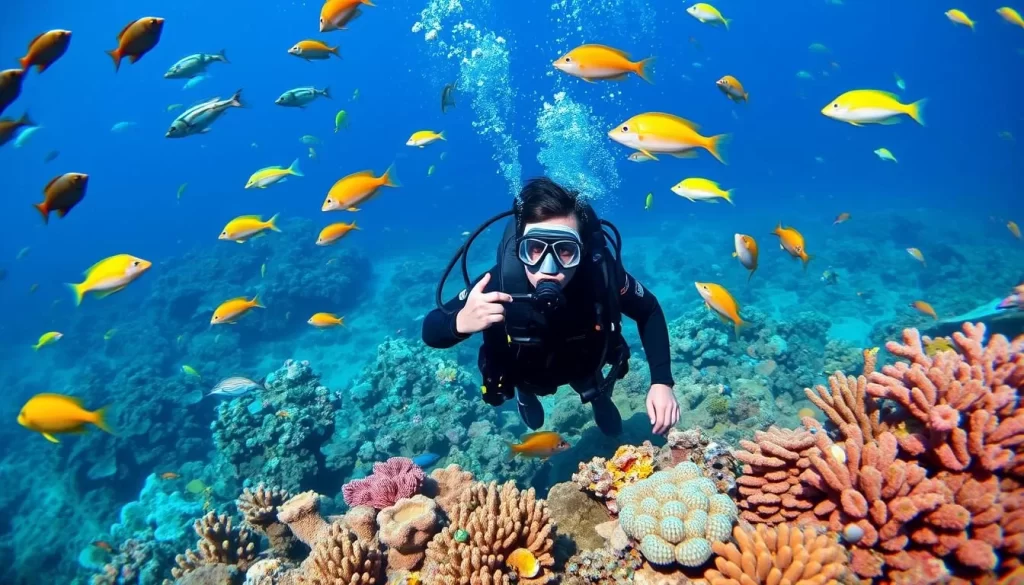 Generate an image of a diver surrounded by marine life in the crystal-clear waters of Lang Tengah Island.
