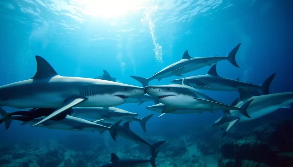 Generate an image of a diver surrounded by sharks at Aliwal Shoal, highlighting the thrilling experience.