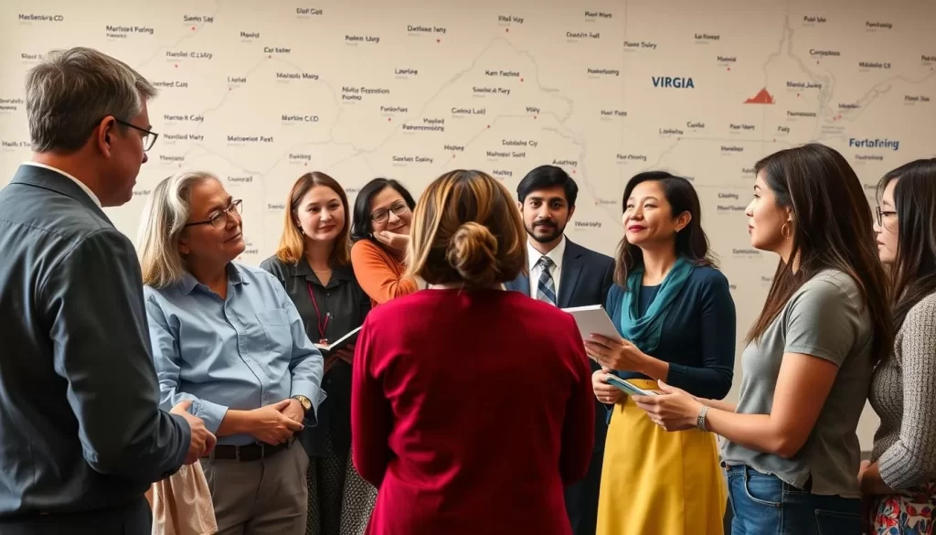 Generate an image of a diverse group of people communicating effectively with the help of interpreters and translators in Virginia.