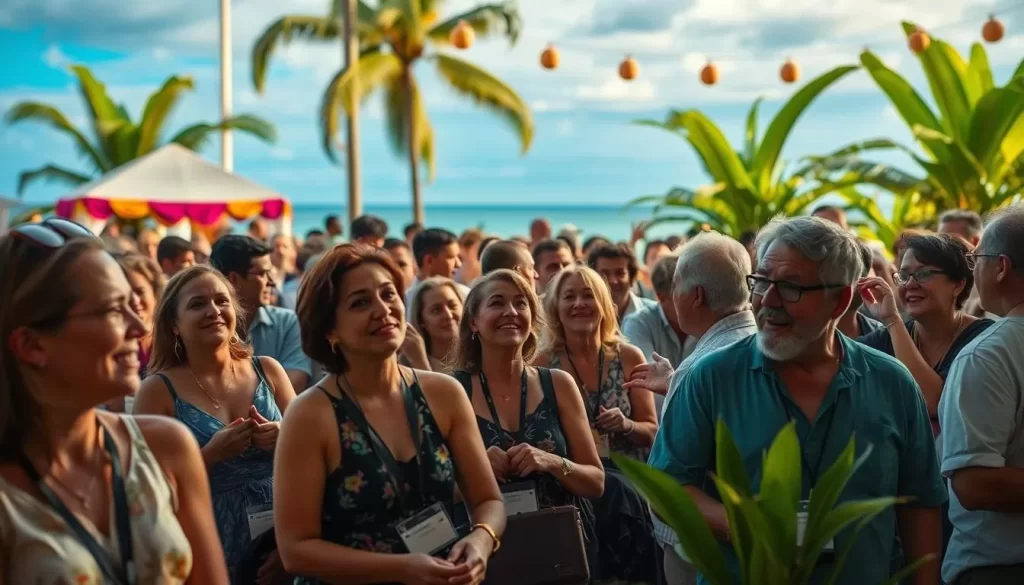 Generate an image of a documentary film festival scene in Papeete, Tahiti, with people watching films and engaging in discussions.