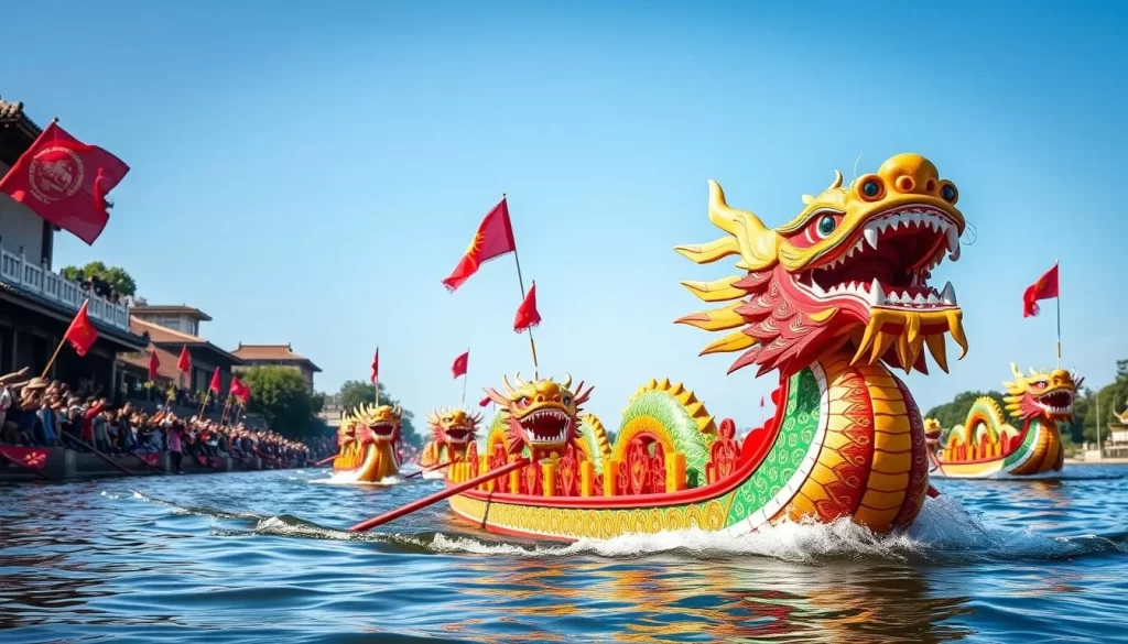 Generate an image of a dragon boat race with colorful boats and spectators.