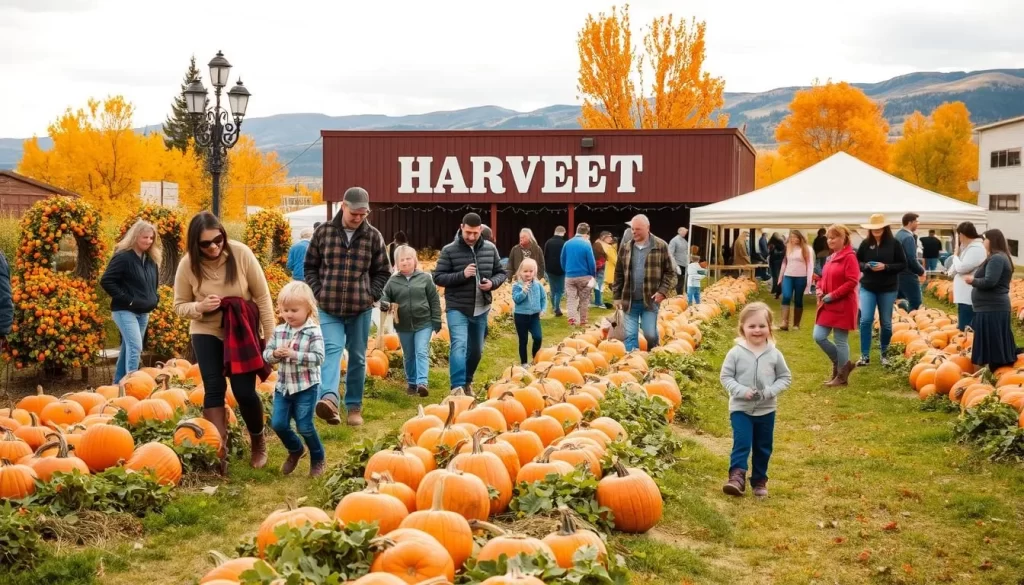 Generate an image of a fall harvest festival in Shoshone, Idaho, with apple picking and pumpkin patches.