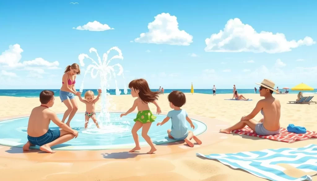 Generate an image of a family enjoying a sunny day at Bluebell Beach, with children playing in the Splash Pad and adults relaxing on the sandy beach.