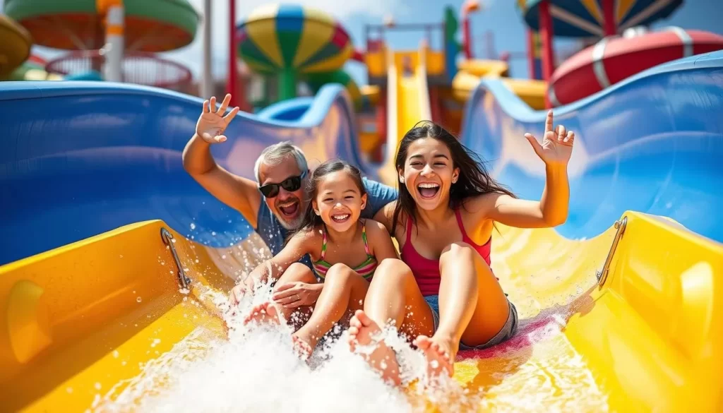 Generate an image of a family enjoying a water slide at Wild Water West Waterpark in Sioux Falls.