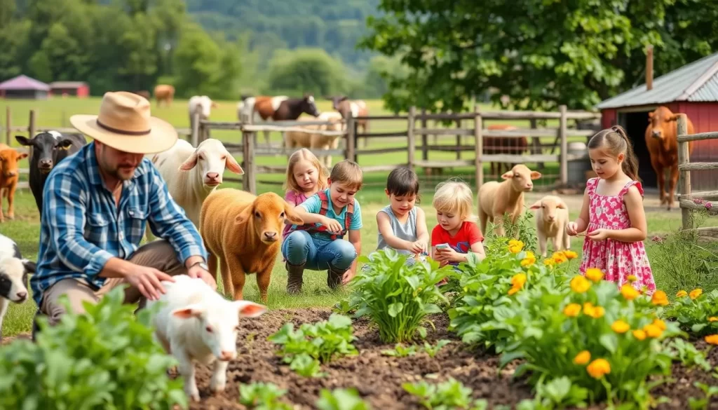 Generate an image of a family enjoying farm activities at Flying Cow Ranch