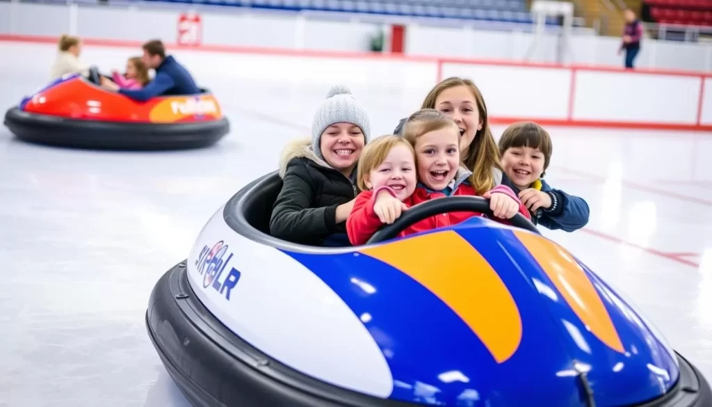 Generate an image of a family enjoying ice bumper boats at the Mitchell Activities Center Ice Arena.