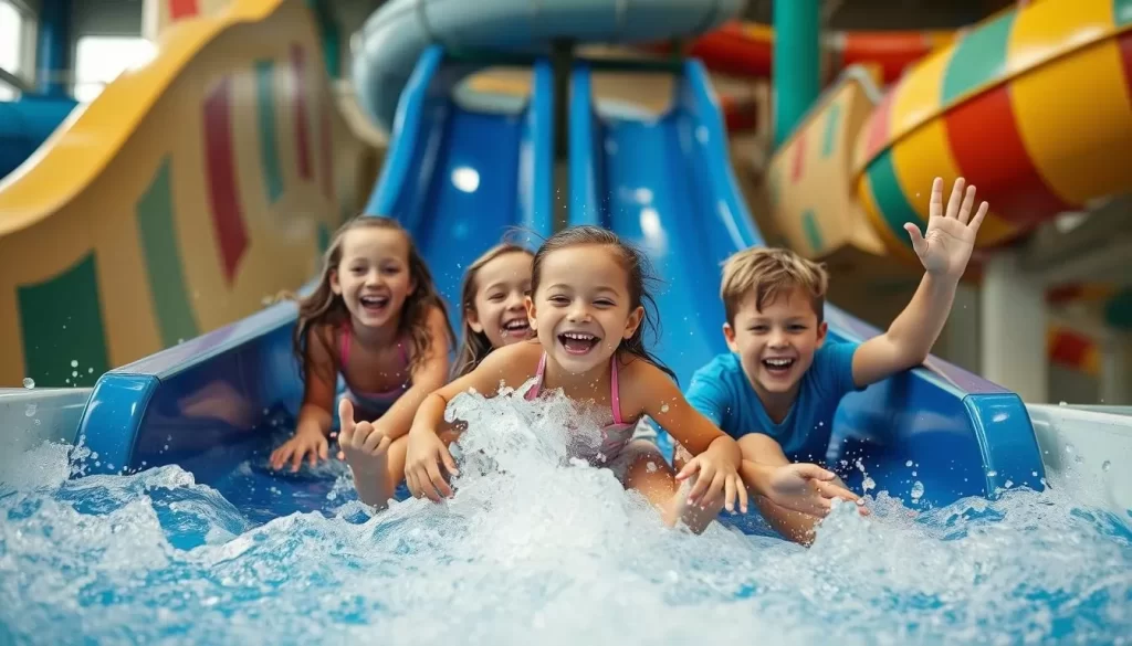 Generate an image of a family enjoying the water slides at the Indoor Aquatic Center in Mitchell, SD.