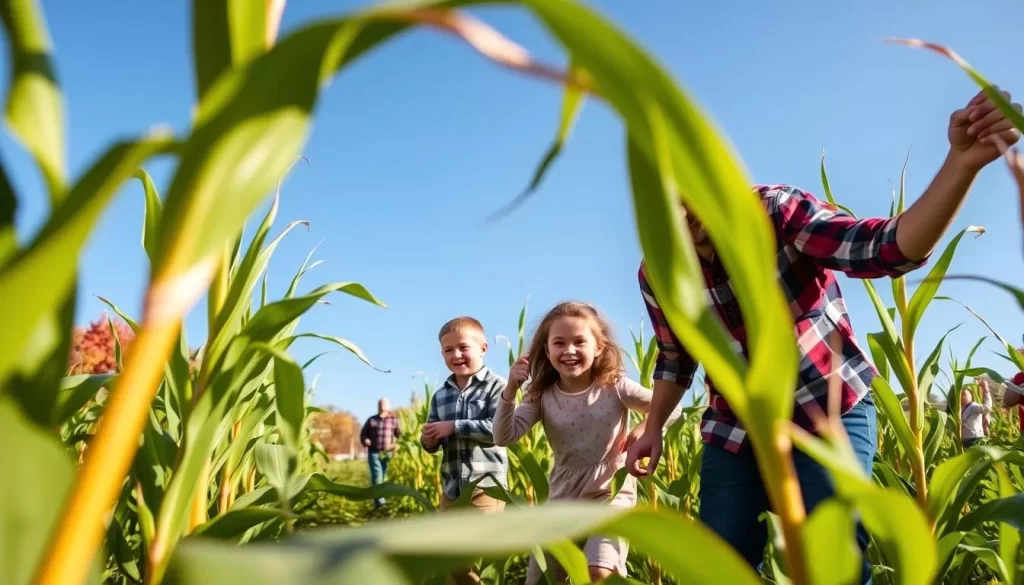 Generate an image of a family navigating a corn maze at Flushing Farms during fall.