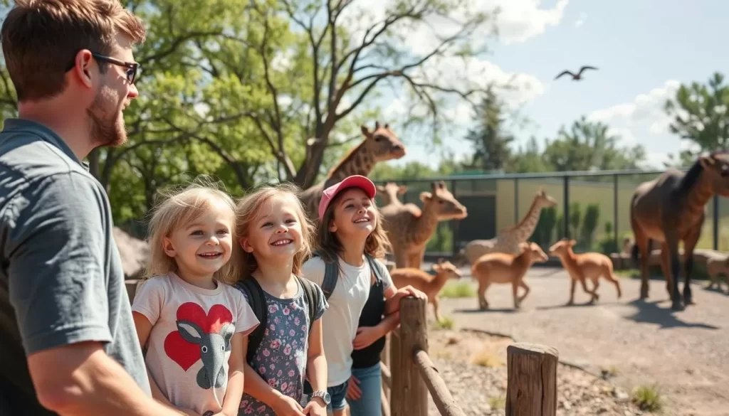 Generate an image of a family observing animals at the Great Plains Zoo in Sioux Falls.