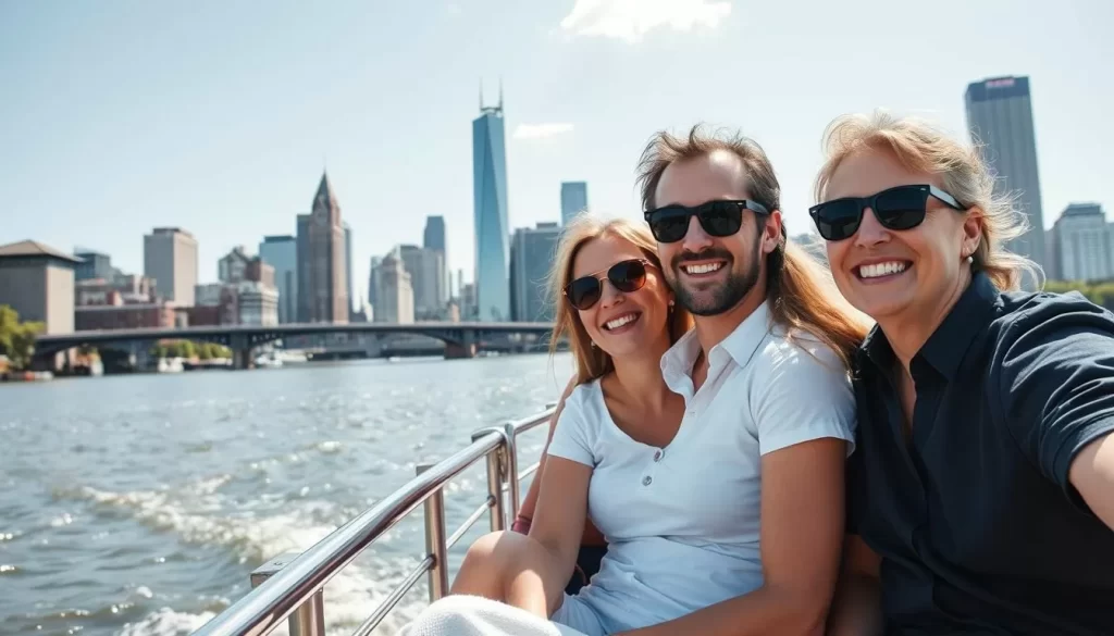 Generate an image of a family on a Passaic River boat tour, enjoying the Newark skyline.