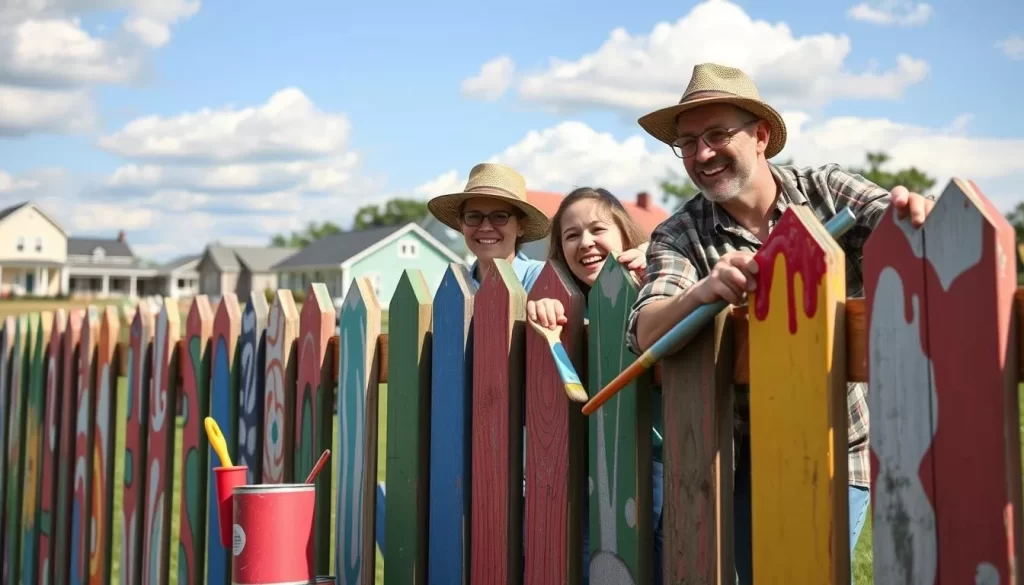 Generate an image of a family participating in a fence painting contest in Hannibal, Missouri.