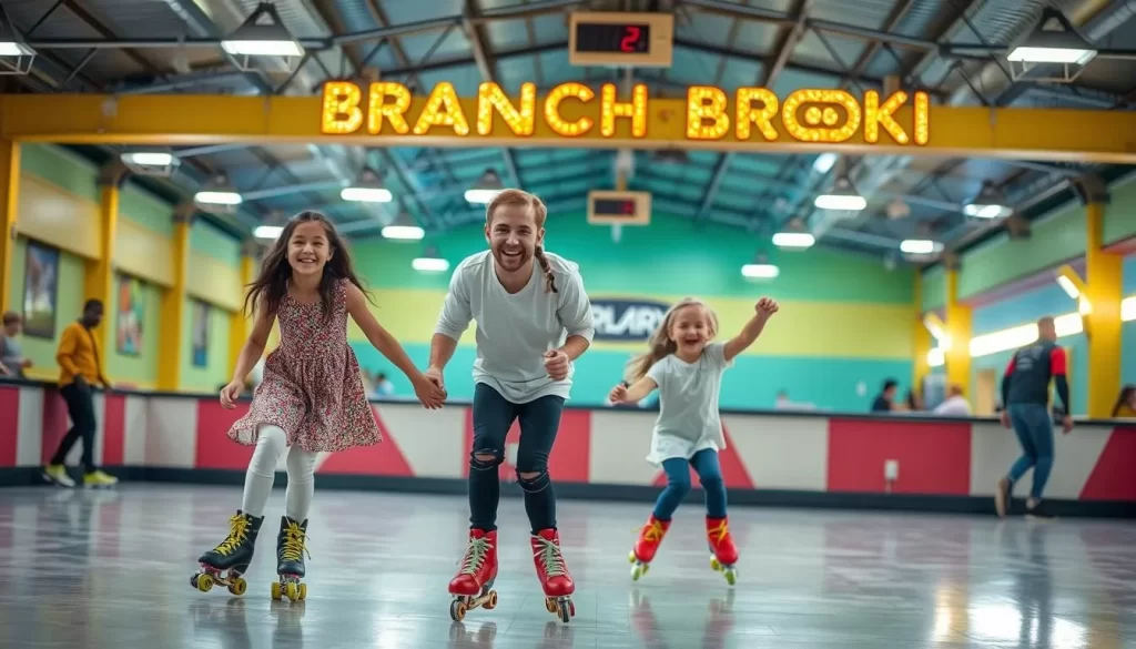 Generate an image of a family roller skating at Branch Brook Roller Skating Rink in Newark, New Jersey.