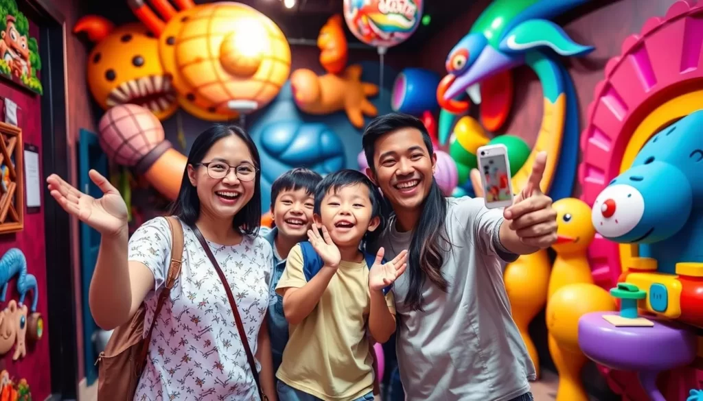 Generate an image of a family taking a fun photo at the 3D Trick Art Museum in George Town, Penang.