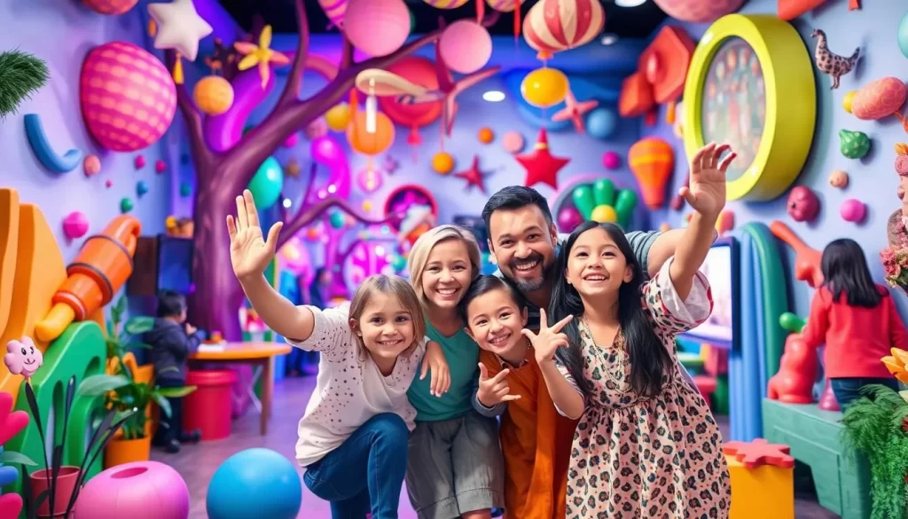 Generate an image of a family taking a fun photo in an interactive 3D art zone.