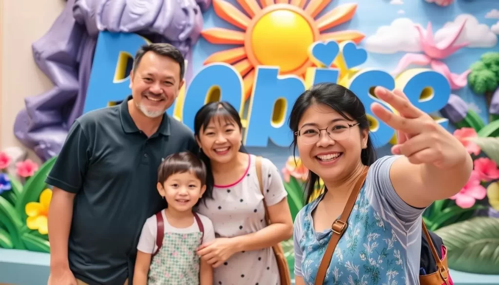 Generate an image of a family taking a photo with a 3D artwork at 3D Art in Paradise Langkawi