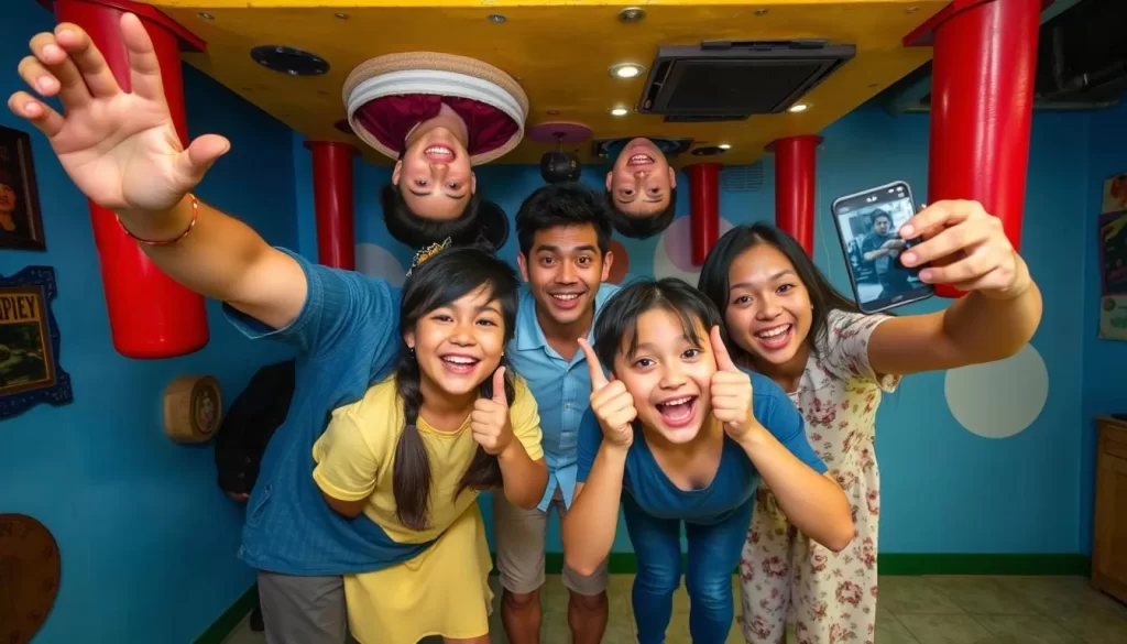 Generate an image of a family taking funny photos at the Upside Down Museum in George Town, Penang.