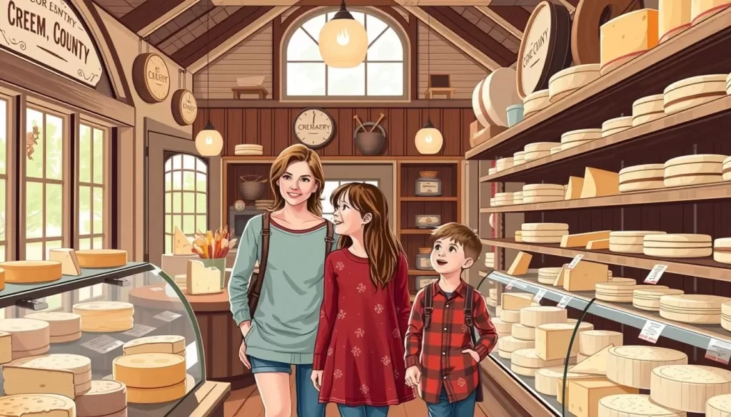 Generate an image of a family visiting a local creamery in Door County, Wisconsin, with a variety of artisanal cheeses on display.