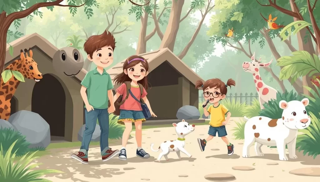 Generate an image of a family visiting the Mini Zoo Park Teruntum, with kids interacting with friendly animals.