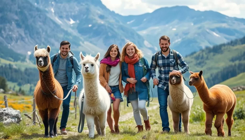 Generate an image of a family walking with llamas and alpacas in a serene Alpine landscape.