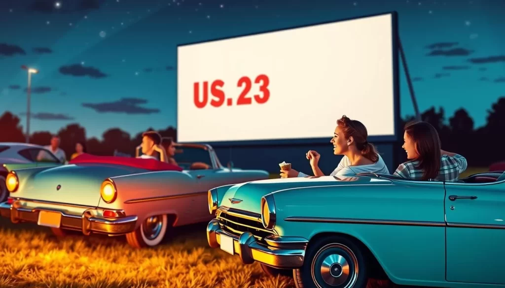 Generate an image of a family watching a movie at the US-23 Drive-In Theater, with a car parked in front of the screen and snacks being enjoyed.