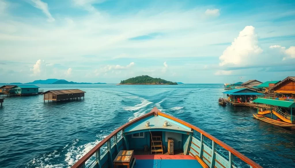 Generate an image of a ferry approaching Pulau Ketam island, showcasing its stilt houses and bustling seafood restaurants.