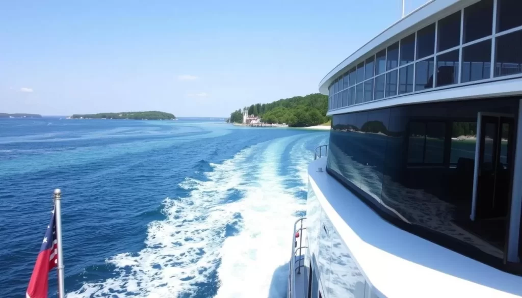 Generate an image of a ferry boat approaching Mackinac Island