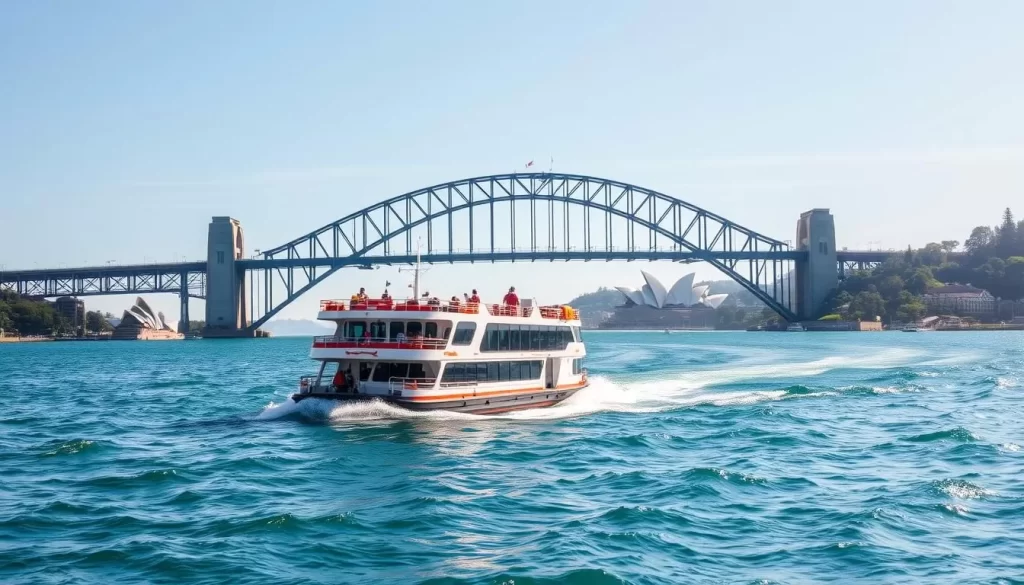 Generate an image of a ferry sailing towards Manly Beach with the Sydney Harbour Bridge in the background