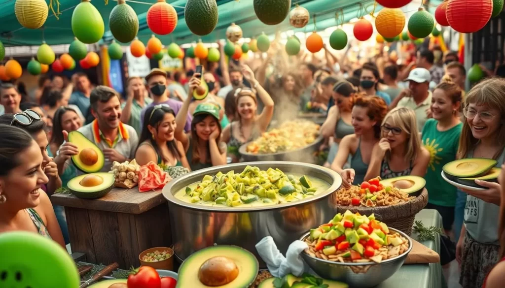 Generate an image of a festival celebrating avocados, with a giant vat of guacamole, avocado-themed dishes, and attendees enjoying the festivities.